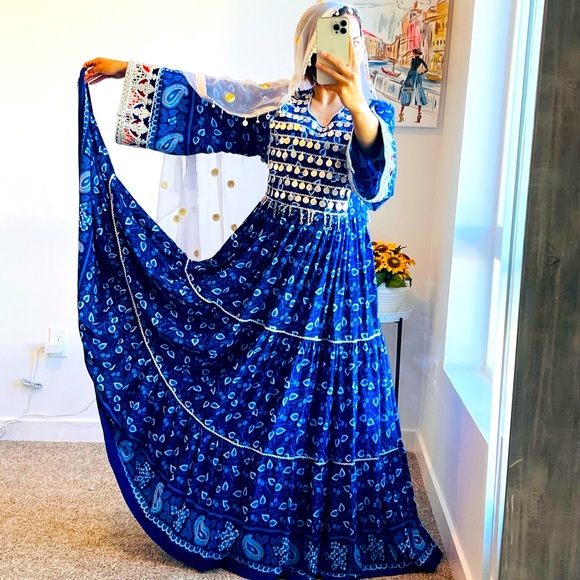 Afghani Dresses & Skirts - Women's Blue Ethnic Maxi Dress with Embroidered Bodice